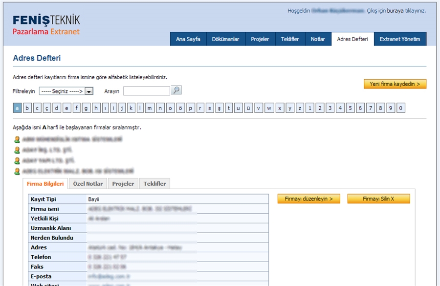 Feniş Teknik A.Ş. - Pazarlama Extranet 